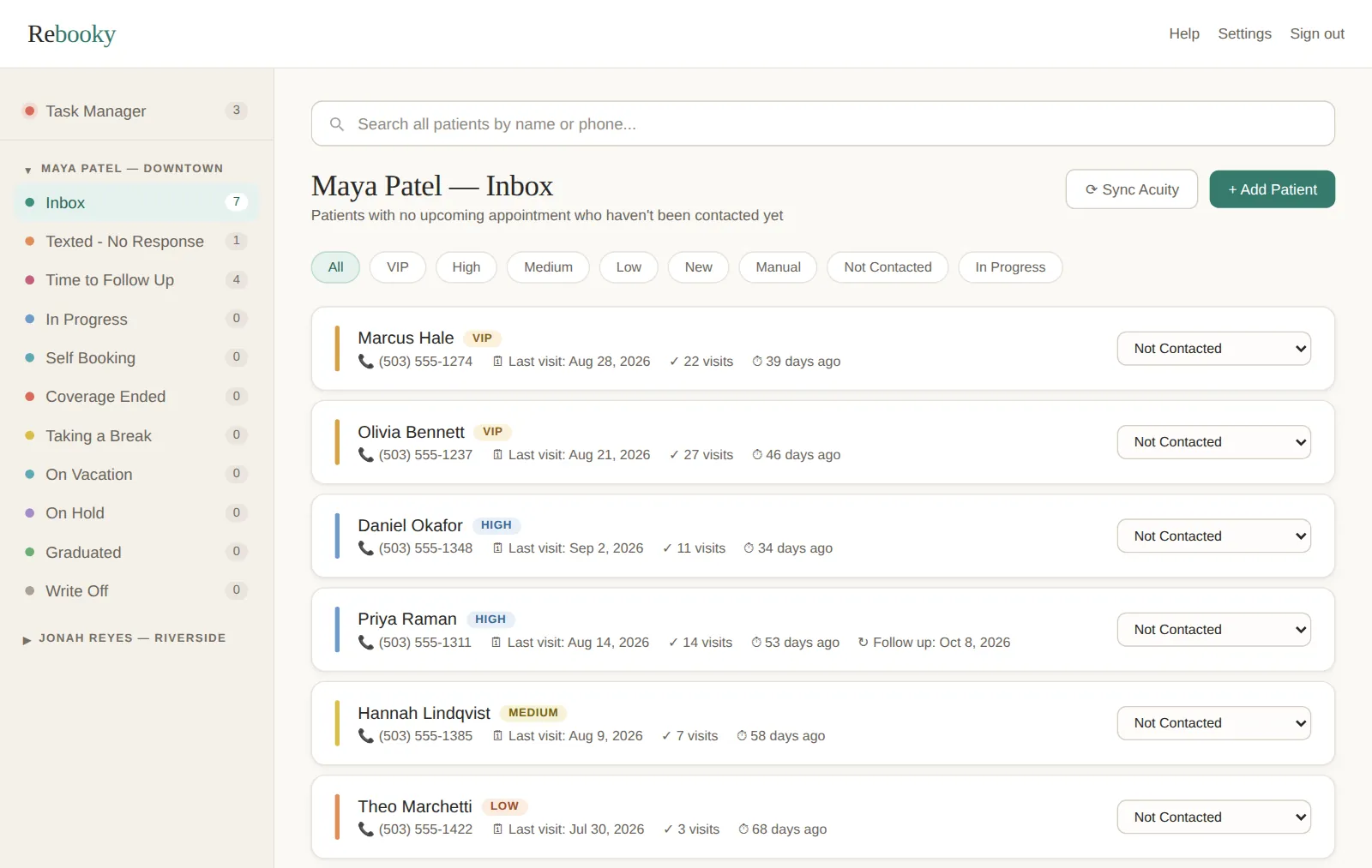 Rebooky's patient screen: Maya Patel's Inbox with patient cards sorted by VIP, High, Medium and Low badges, each showing phone, last visit, visit count and days since.
