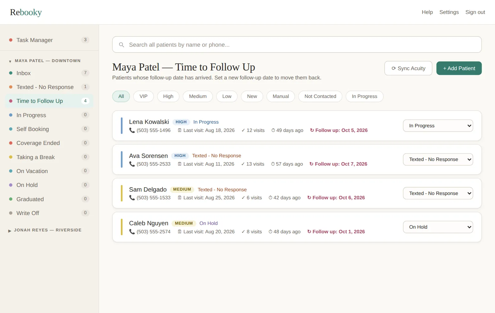 The Time to Follow Up list with four patients whose follow-up dates have arrived, each showing the date in red.