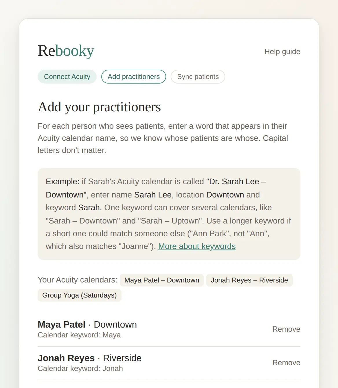 The setup step for adding practitioners, showing the Acuity calendar names and two practitioners with their calendar keywords.