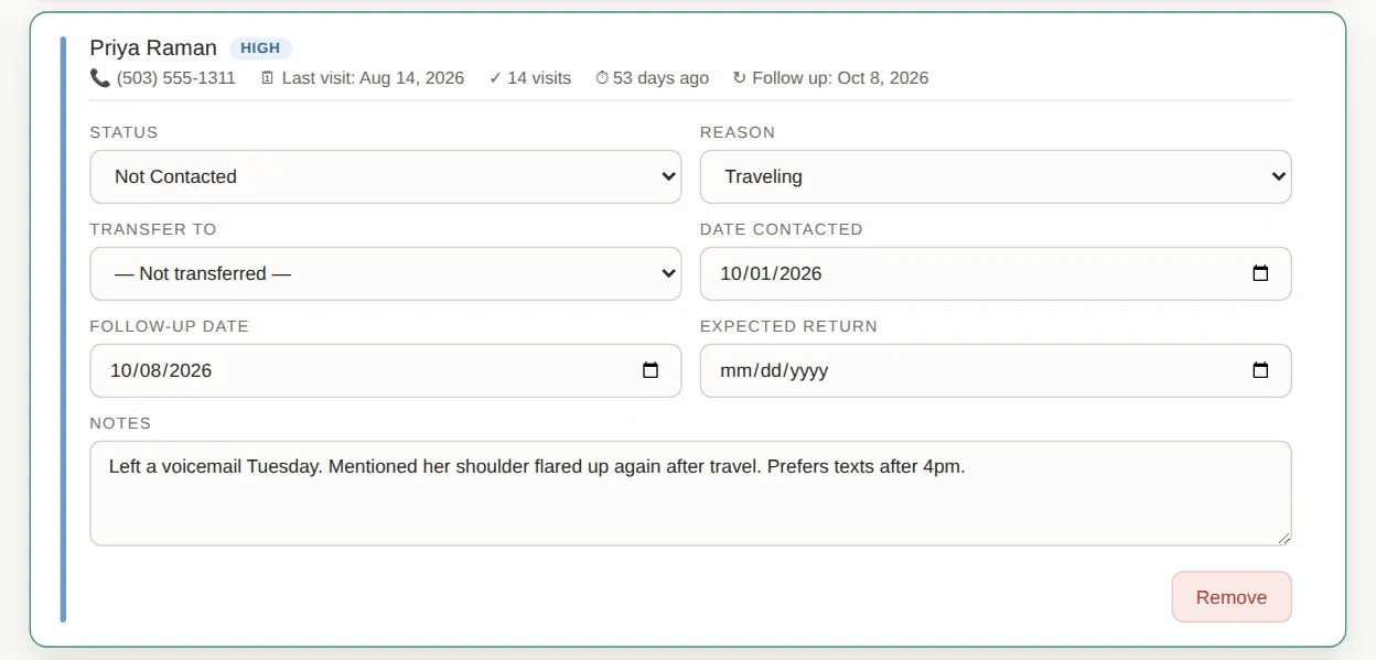 An open patient card with status, reason, date contacted, follow-up date, expected return and a note about a voicemail.