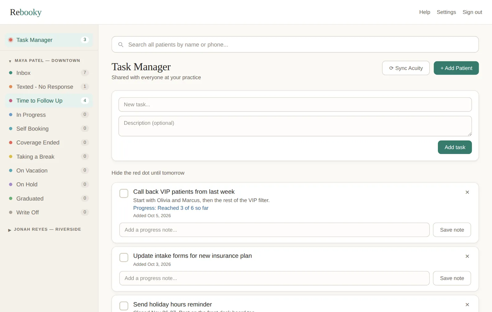 The Task Manager with open tasks such as calling back VIP patients, each with a progress note and a checkbox.